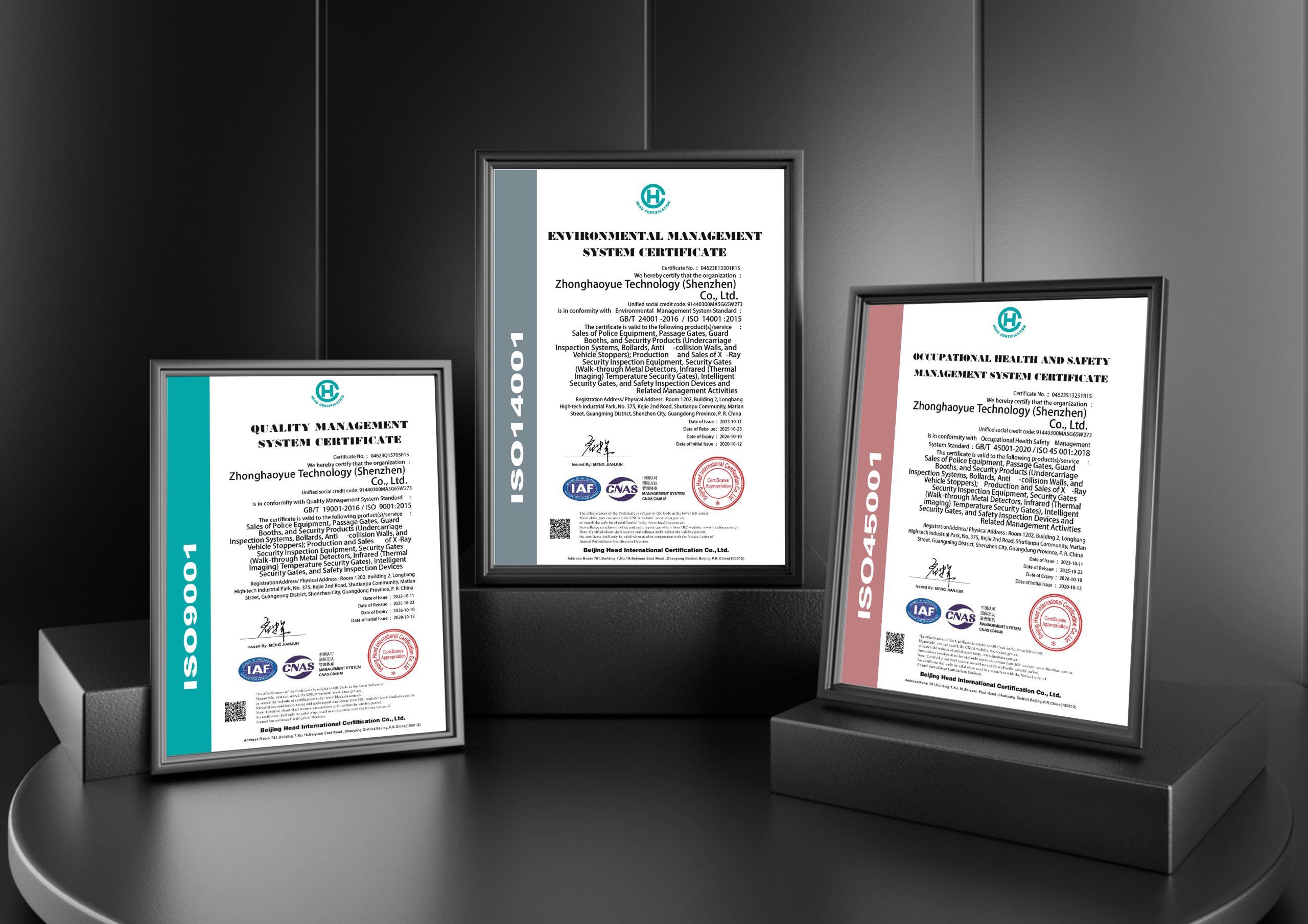 Zhonghaoyue ISO 9001, ISO 14001 and ISO 45001 Management System Certifications