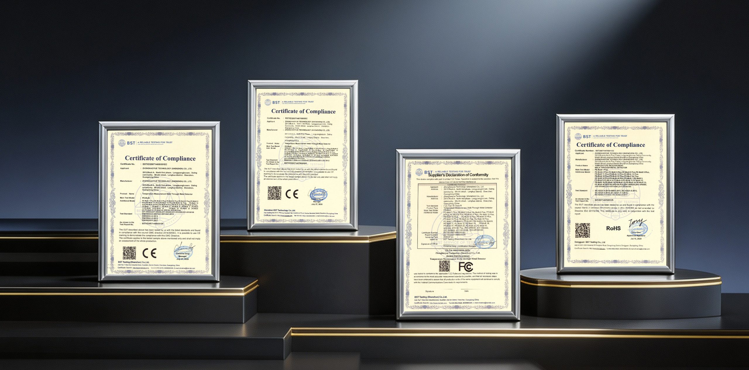 CE, FCC and RoHS international compliance certificates for Zhonghaoyue security screening equipment