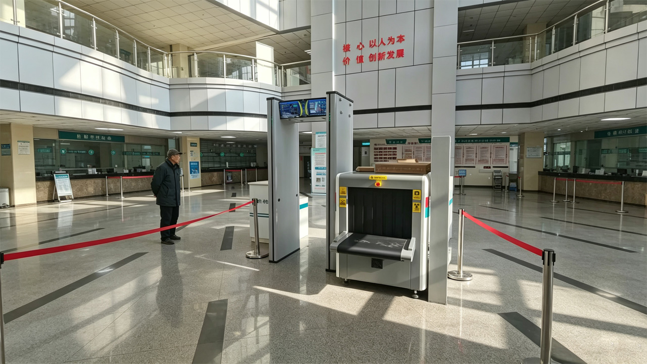 Walk-through metal detector installed at a hospital entrance