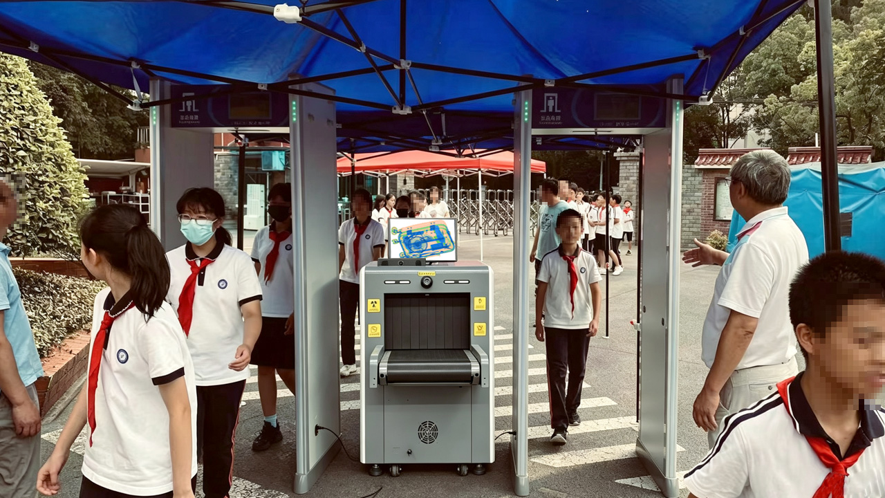 Walk-through metal detector at a school entrance